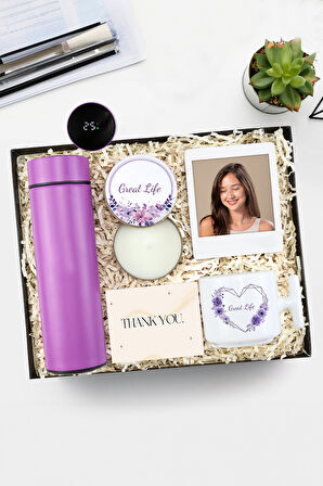 500 ML Dereceli Termos & T Kupa & İnstagram Çerçeve & Beyaz Metal Kutulu Mum Hediye Seti