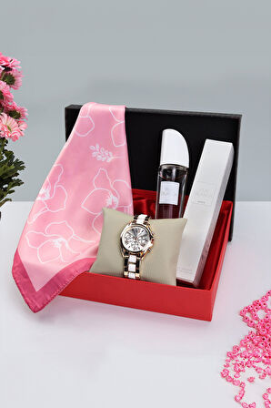 Pembe Tasarım Fular & Kadın Parfüm & Metal Kordon Kadın Kol Saati Kadına Hediye Seti