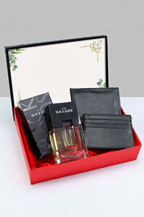 Özel Kutusunda Black Suede Erkek Parfüm & Erkek Suni Deri Cüzdan & Siyah Kartlık Erkeğe Hediye Seti