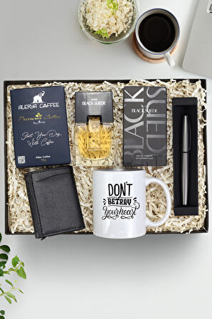 Baskılı Kupa & Premium Filtre Kahve & Kalem & Kartlık & Black Suede Parfüm Seti
