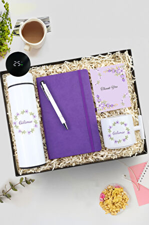 Tasarım 500 ML Dereceli Termos & Baskılı T Kupa & Beyaz Tükenmez Kalem & Mor Defter Hediye Seti