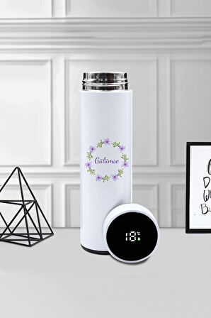 Tasarım 500 ML Dereceli Termos & Baskılı T Kupa & Beyaz Tükenmez Kalem & Mor Defter Hediye Seti