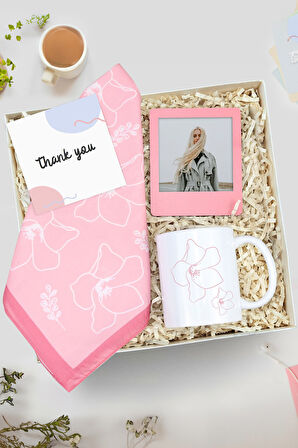 Baskılı Kupa & İnstagram Çerçeve & Pembe Tasarım Fular Hediye Seti