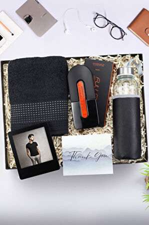 Deri Kılıflı Su Matarası & Full Speed Erkek Parfüm & Siyah Havlu & Çerçeve Erkeğe Hediye Seti