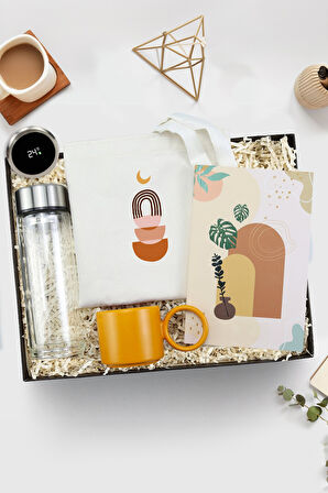 Ham Bez Çanta & Derece Göstergeli Cam Matara & Bohem Tasarım Defter & Seramik Kupa Hediye Seti