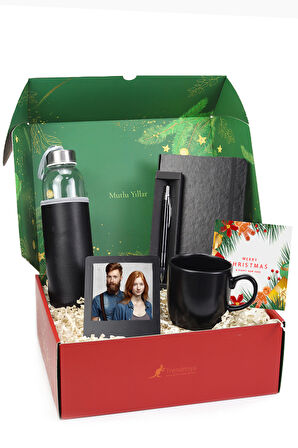 Siyah Tükenmez Kalem & Defter & Kılıflı Su Matarası & Siyah Kupa & Çerçeve Hediye Seti