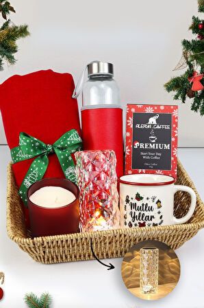 Şal & Su Matarası & Kahve & Mutlu Yıllar Vintage Kupa & Bardak Mum & Kristal Mini Abajur Hediye Seti