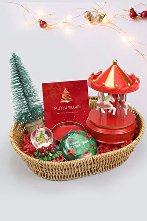 Atlı Karınca Müzik Kutusu &  Metal Kutulu Mum & Yılbaşı Kar Küre &  Çam Ağacı Hediye Seti