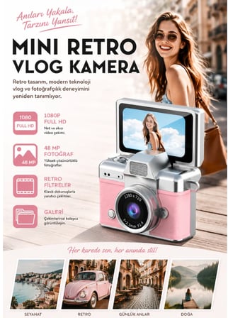 Mini Kamera Dönen Ekran Flaşlı Selfie Video Vlog Kamerası Anahtarlık 1080P+48MP