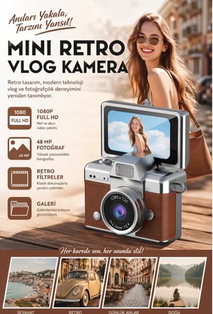 Mini Kamera Dönen Ekran Flaşlı Selfie Video Vlog Kamerası Anahtarlık 1080P+48MP