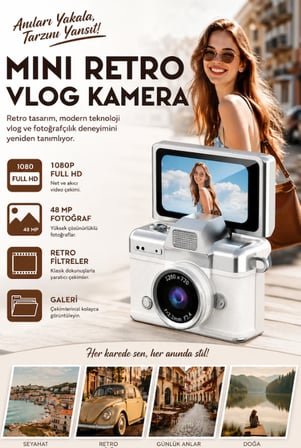 Mini Kamera Dönen Ekran Flaşlı Selfie Video Vlog Kamerası Anahtarlık 1080P+48MP