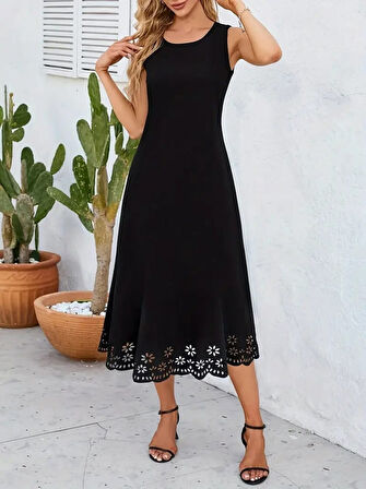 Yonca Moda Evi Kadın Kolsuz Etek Ucu Lazer Kesim çiçek Desenli Midi Boy Ithal Krep Elbise