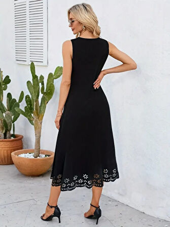 Yonca Moda Evi Kadın Kolsuz Etek Ucu Lazer Kesim çiçek Desenli Midi Boy Ithal Krep Elbise