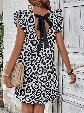Yonca Moda Evi Kadın Kısa Kollu Kolları Fırfır Detay Arkası Bağlamalı Leopar Desen Kolsuz Mini Mikro Elbise