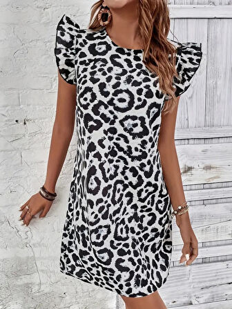 Yonca Moda Evi Kadın Kısa Kollu Kolları Fırfır Detay Arkası Bağlamalı Leopar Desen Kolsuz Mini Mikro Elbise