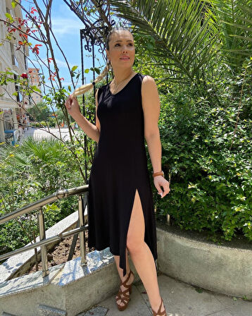 Yonca Moda Evi Kadın Kalın Askılı V Yaka Yırtmaç Detay Viskon Elbise