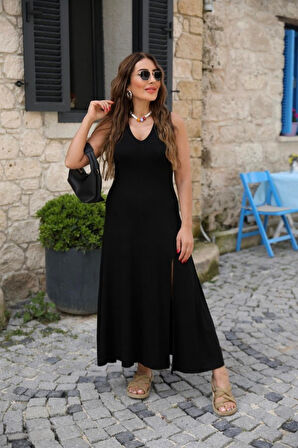 Yonca Moda Evi Kadın Kalın Askılı V Yaka Yırtmaç Detay Viskon Elbise