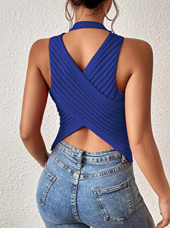 Yonca Moda Evi Kadın Kolsuz Sırt çapraz Detay Triko Bluz