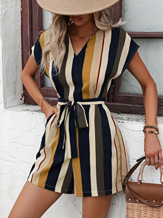 Yonca Moda Evi Kadın Kısa Kollu V Yakalı Beli Kuşaklı Keten Tulum