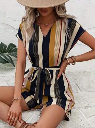 Yonca Moda Evi Kadın Kısa Kollu V Yakalı Beli Kuşaklı Keten Tulum