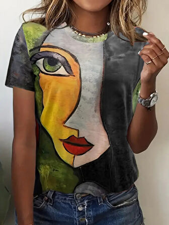 Yonca Moda Evi Kadın Kısa Kollu Yüz Baskılı Süprem T-shirt