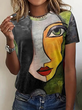 Yonca Moda Evi Kadın Kısa Kollu Yüz Baskılı Süprem T-shirt