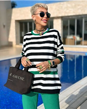 Yonca Moda Evi Kadın Uzun Kollu Yarasa Kol şerit Detay Triko Kazak