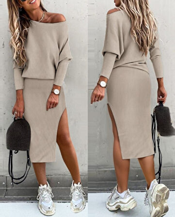 Yonca Moda Evi Kadın Uzun Kollu Düşük Omuz Yırtmaç Detay Kaşkorse Etek Bluz Ikili Takım