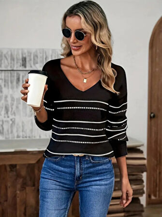 Yonca Moda Evi Kadın Uzun Kollu Derin V Yakalı çizgi Desenli Triko Bluz