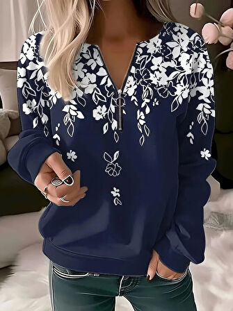 Yonca Moda Evi Kadın Uzun Kollu önden Fermuarlı çiçek Desenli şardonlu Dalgıç Bluz