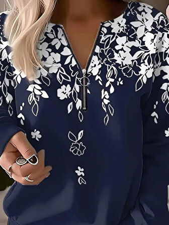 Yonca Moda Evi Kadın Uzun Kollu önden Fermuarlı çiçek Desenli şardonlu Dalgıç Bluz