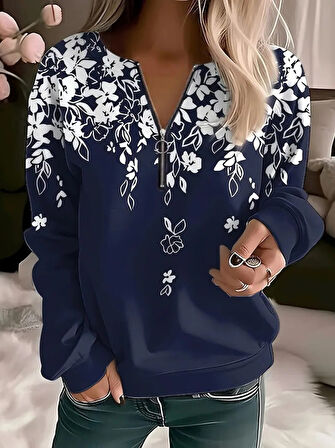 Yonca Moda Evi Kadın Uzun Kollu önden Fermuarlı çiçek Desenli şardonlu Dalgıç Bluz