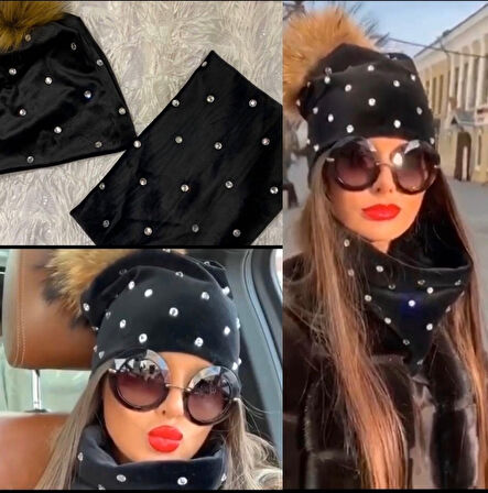 Yonca Moda Evi Kadın Taş Detay Boyunluk Ve Bere Takım