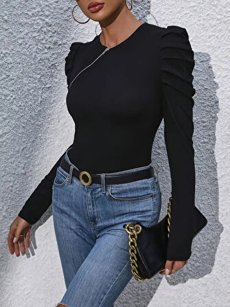 Yonca Moda Evi Kadın Uzun Kollu Yuvarlak Yaka Fermuar Detaylı Dalgıç Bluz
