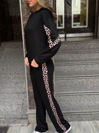 Yonca Moda Evi Kadın Kapüşonlu Leopar Detay Sweat Ve Yüksek Bel Yanları Leopar şeritli Bol Paça Pant