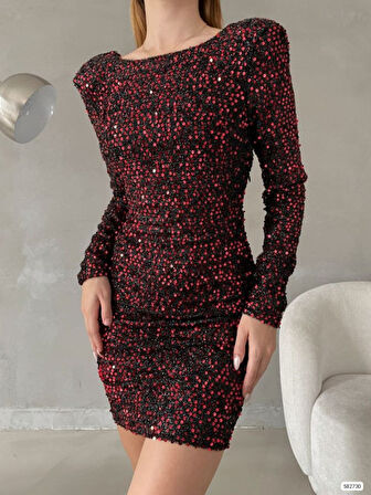 Yonca Moda Evi Kadın Uzun Kollu Vatka Detay Full Pul Payet Mini Elbise
