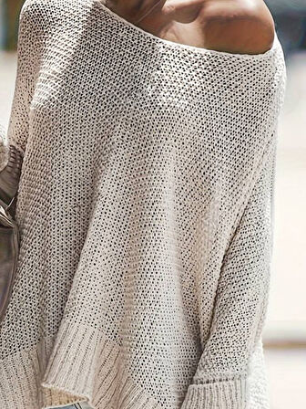 Yonca Moda Evi Kadın Uzun Kollu Tek Omuzu Açık Salaş Uzun Triko Bluz