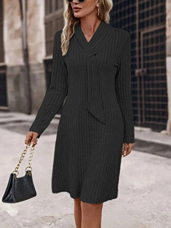 Yonca Moda Evi Kadın Uzun Kollu çapraz Geçmeli Kravat Yaka şardonlu Kaşkorse Kısa Elbise