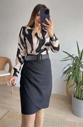 Yonca Moda Evi Kadın Uzun Kollu Yakalı üst Dalgıç Eteği Krep Kemerli Elbise