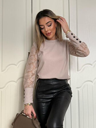 Yonca Moda Evi Kadın Uzun Kollu Bisiklet Yaka Kolları çiçekli Waffle Bluz