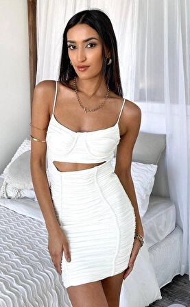 Yonca Moda Evi Kadın Omuz Askılı Göbek Ve Sırt Dekolteli Gipe Ve Büzgü Detay Fırsat ürün Mini Elbise