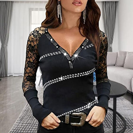 Yonca Moda Evi Kadın V Yaka Kolları Dantel Ve Taş Detay Fırsat ürün Bluz