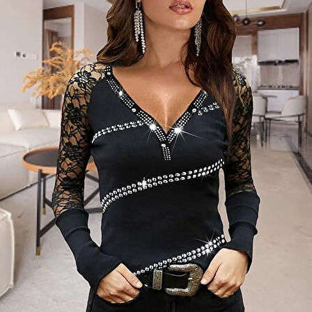 Yonca Moda Evi Kadın V Yaka Kolları Dantel Ve Taş Detay Fırsat ürün Bluz