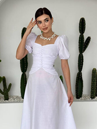 Yonca Moda Evi Kare Yaka Düğmeli Elbise
