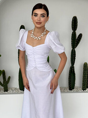 Yonca Moda Evi Kare Yaka Düğmeli Elbise