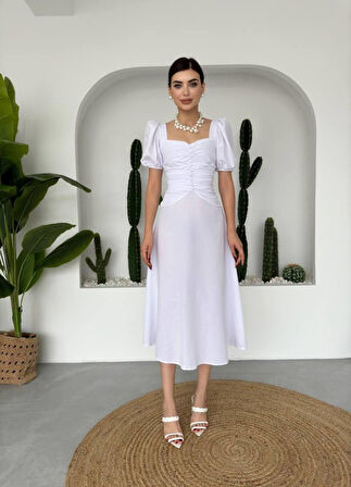 Yonca Moda Evi Kare Yaka Düğmeli Elbise
