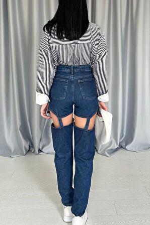 Yonca Moda Evi Mavi Askılı İki Parça Jeans Pantolon