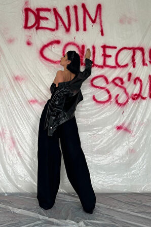 Yonca Moda Evi Siyah Geniş Paça Jeans Pantolon