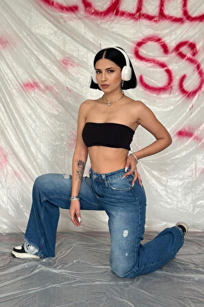 Yonca Moda Evi Mavi Palazzo Lazerli Jeans Pantolon