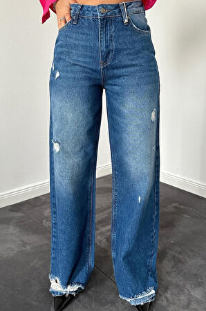 Yonca Moda Evi Mavi Palazzo Lazerli Jeans Pantolon